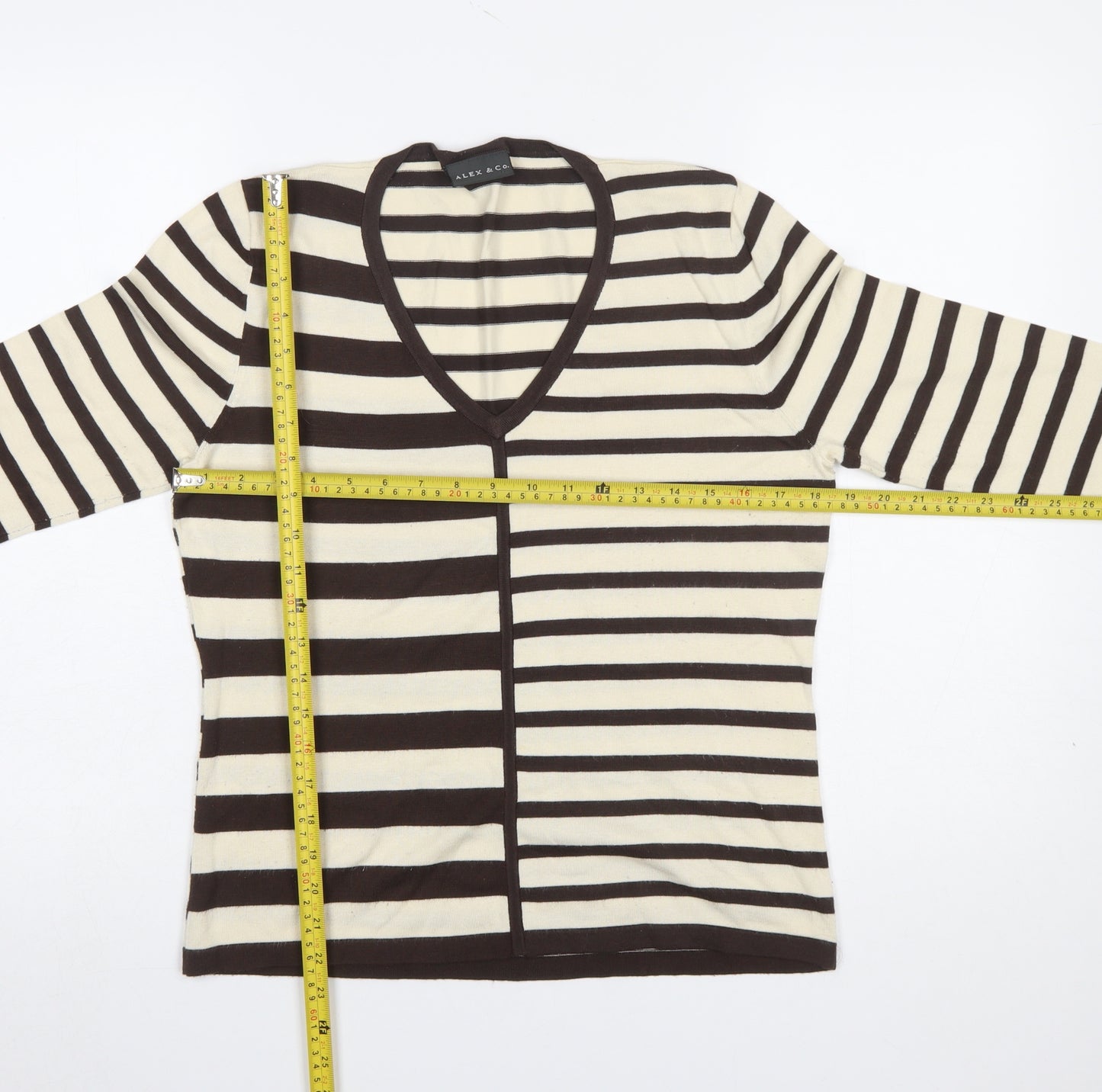 ALEX & Co. Women's Brown Striped V-Neck Knit Jumper Size 12