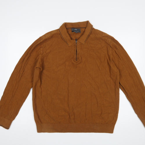 Marks and Spencer Men’s Brown 2XL Collared 1/2 Zip Cotton Knit Jumper