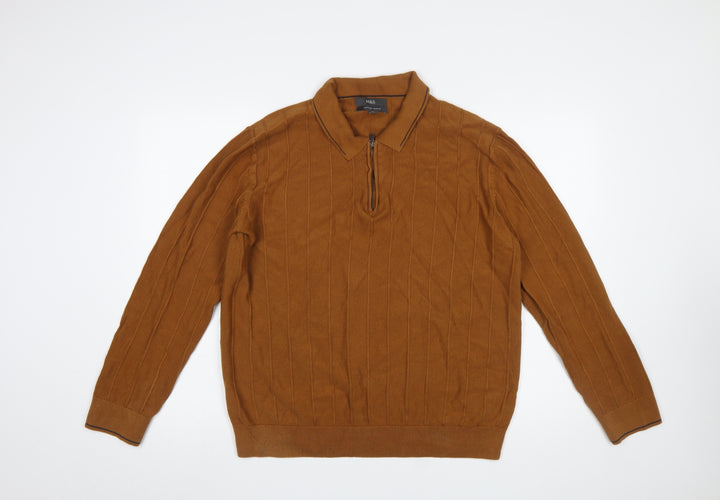 Marks and Spencer Men’s Brown 2XL Collared 1/2 Zip Cotton Knit Jumper