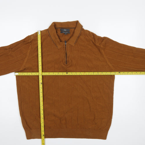 Marks and Spencer Men’s Brown 2XL Collared 1/2 Zip Cotton Knit Jumper