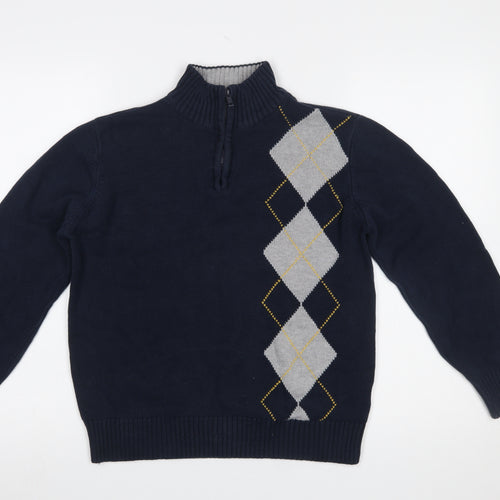 Tommy Hilfiger Boys Navy Argyle 1/2 Zip Cotton Jumper Size 16-18 L