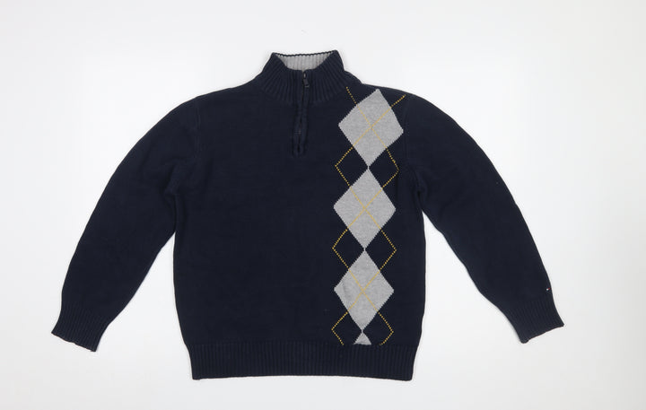 Tommy Hilfiger Boys Navy Argyle 1/2 Zip Cotton Jumper Size 16-18 L