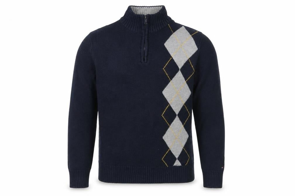Tommy Hilfiger Boys Navy Argyle 1/2 Zip Cotton Jumper Size 16-18 L