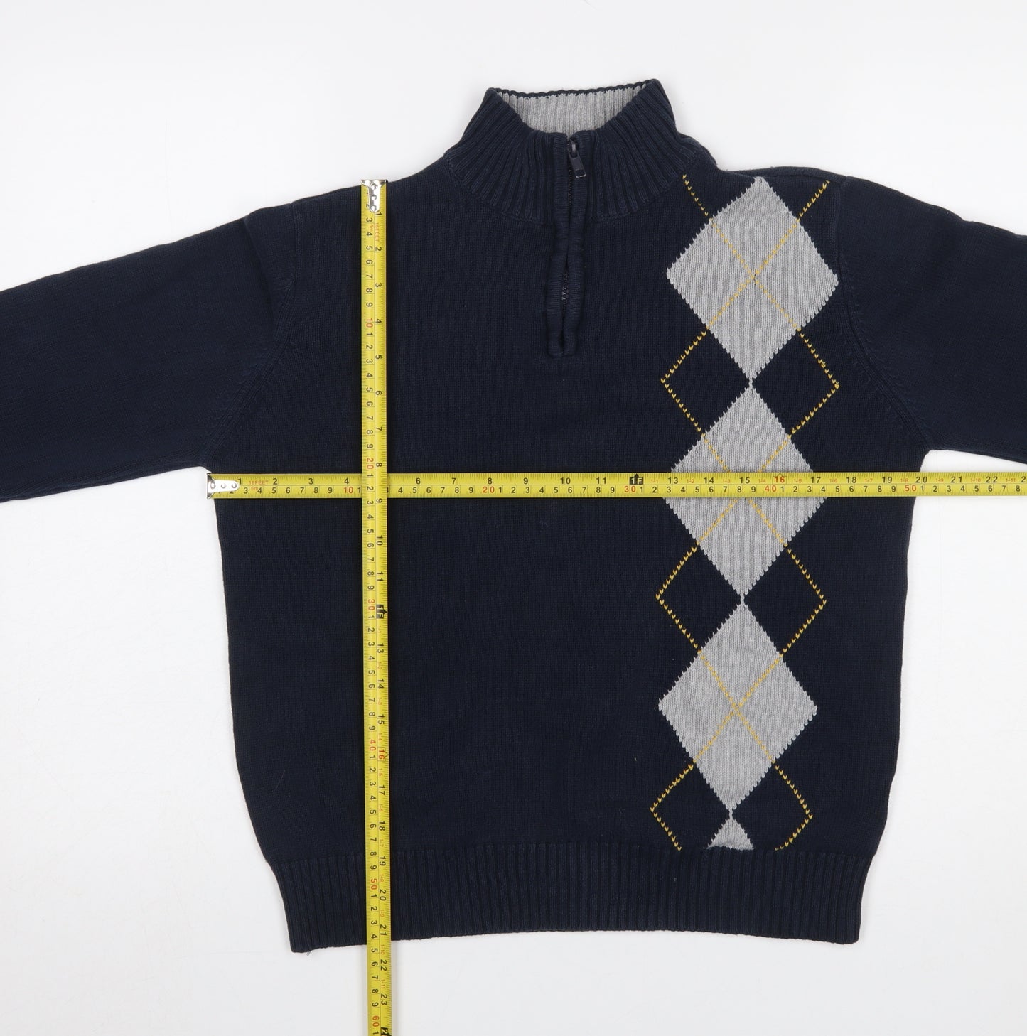 Tommy Hilfiger Boys Navy Argyle 1/2 Zip Cotton Jumper Size 16-18 L