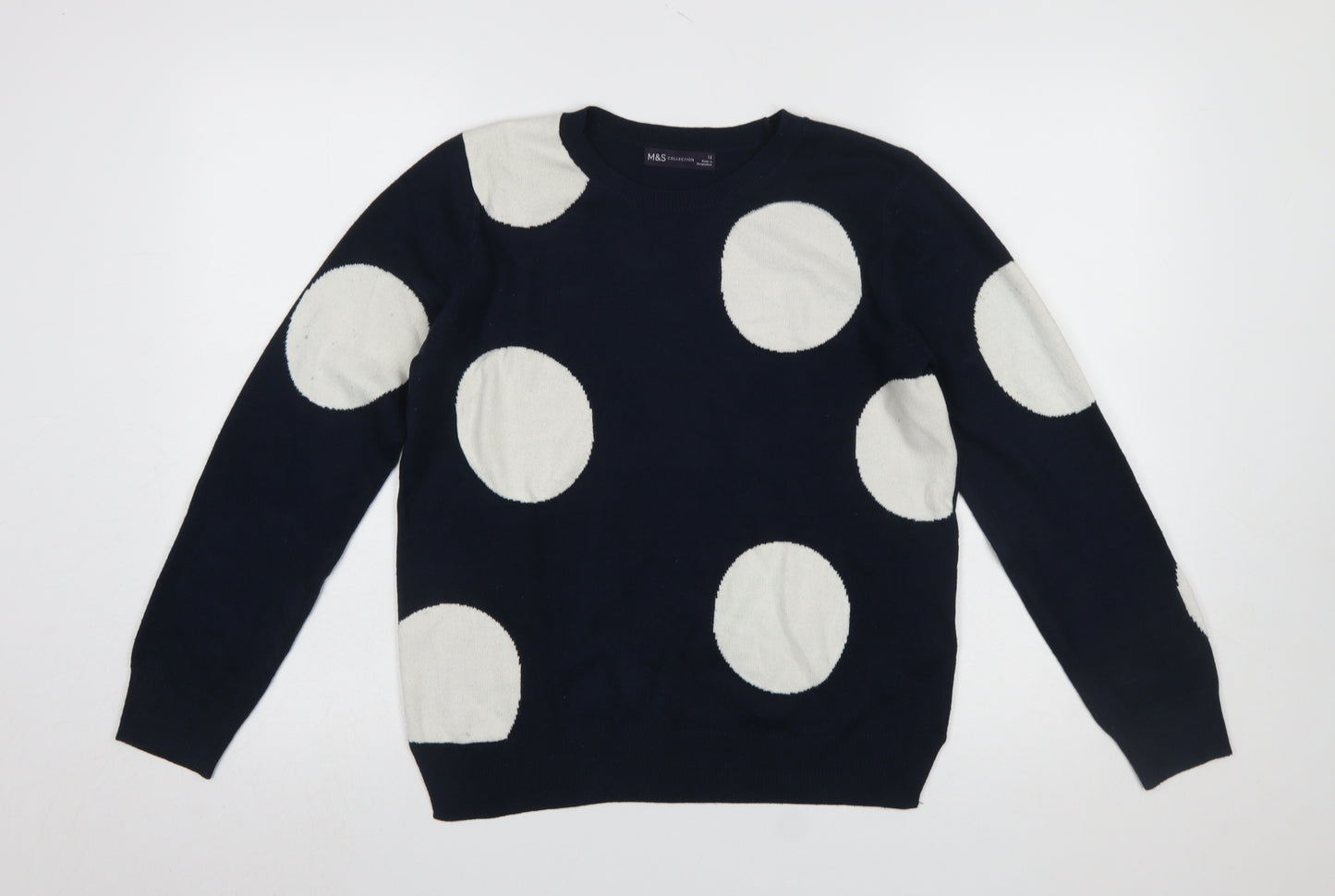 Marks and Spencer Women's Blue Polka Dot Crew Neck Jumper Size 12