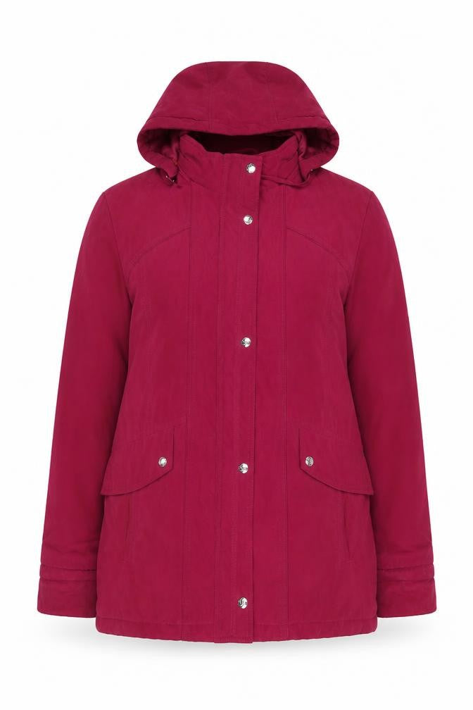 Front view of EWM women’s red hooded parka jacket, size UK 14, lined winter coat