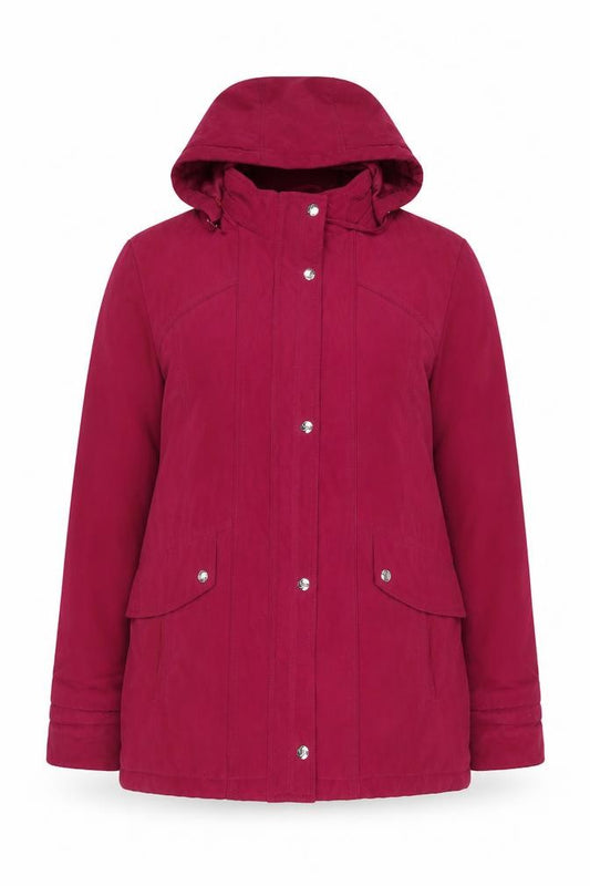Front view of EWM women’s red hooded parka jacket, size UK 14, lined winter coat