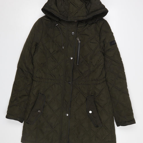 DKNY Womens Green Quilted Mid-Length Hooded Coat Size S