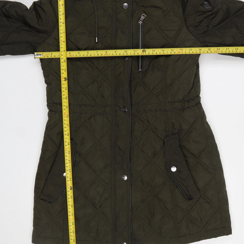 DKNY Womens Green Quilted Mid-Length Hooded Coat Size S