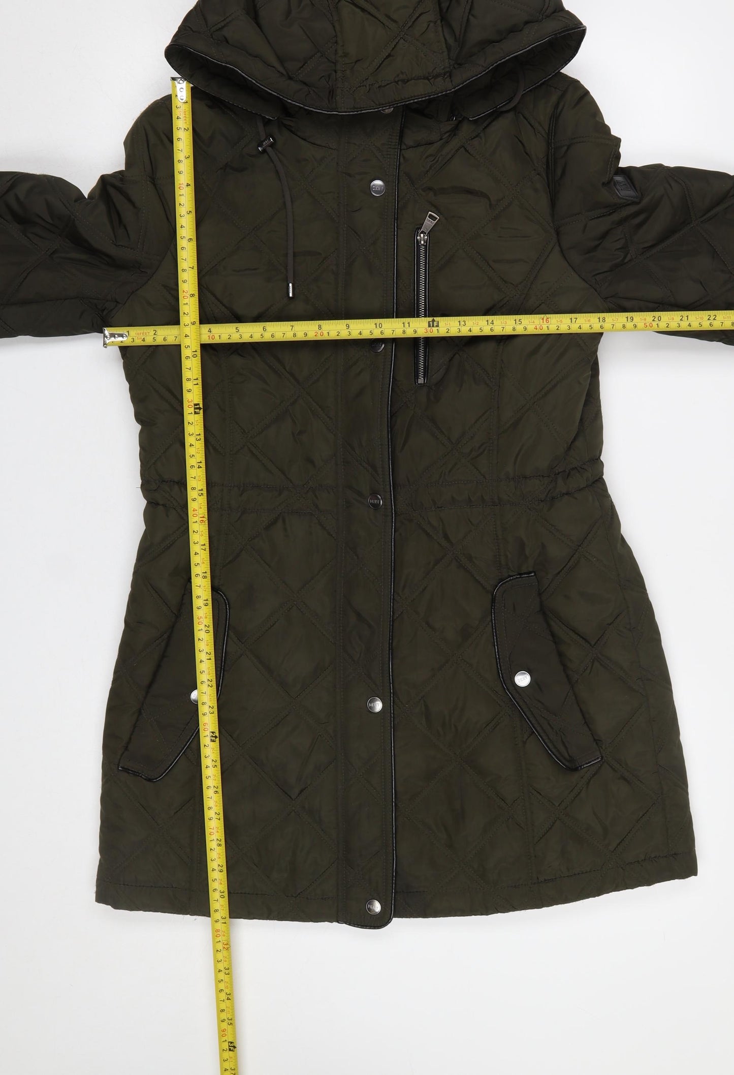 DKNY Womens Green Quilted Mid-Length Hooded Coat Size S