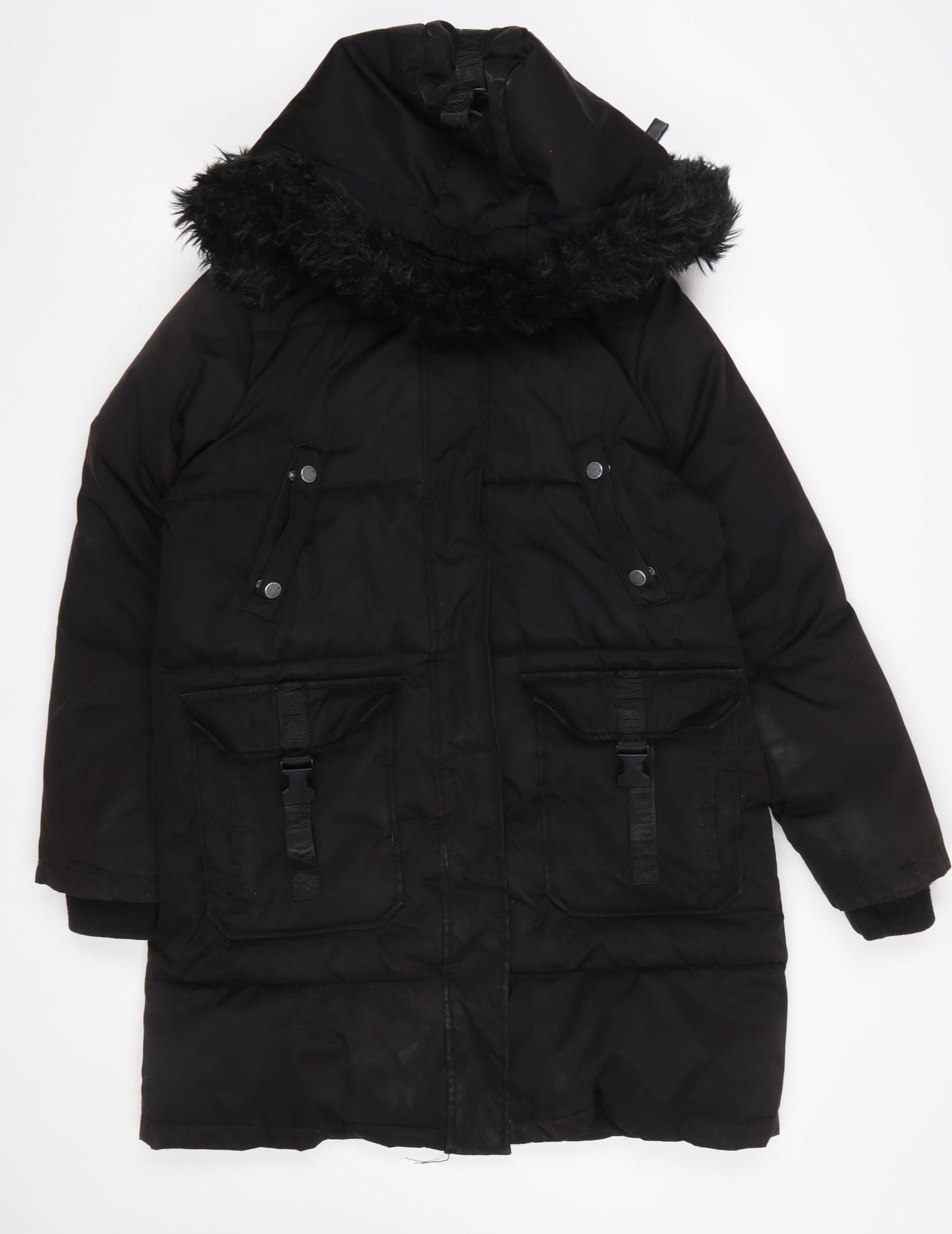 Steve Madden Women’s Black Fur Trim Hooded Long Parka Coat Size M