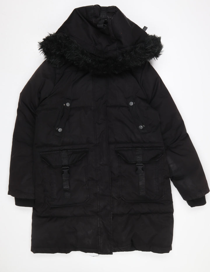 Steve Madden Women’s Black Fur Trim Hooded Long Parka Coat Size M