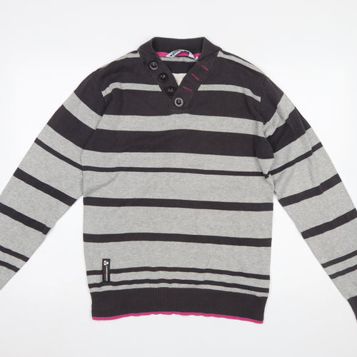 Dissident Men's Grey Striped Henley Jumper Size S Cotton Knit