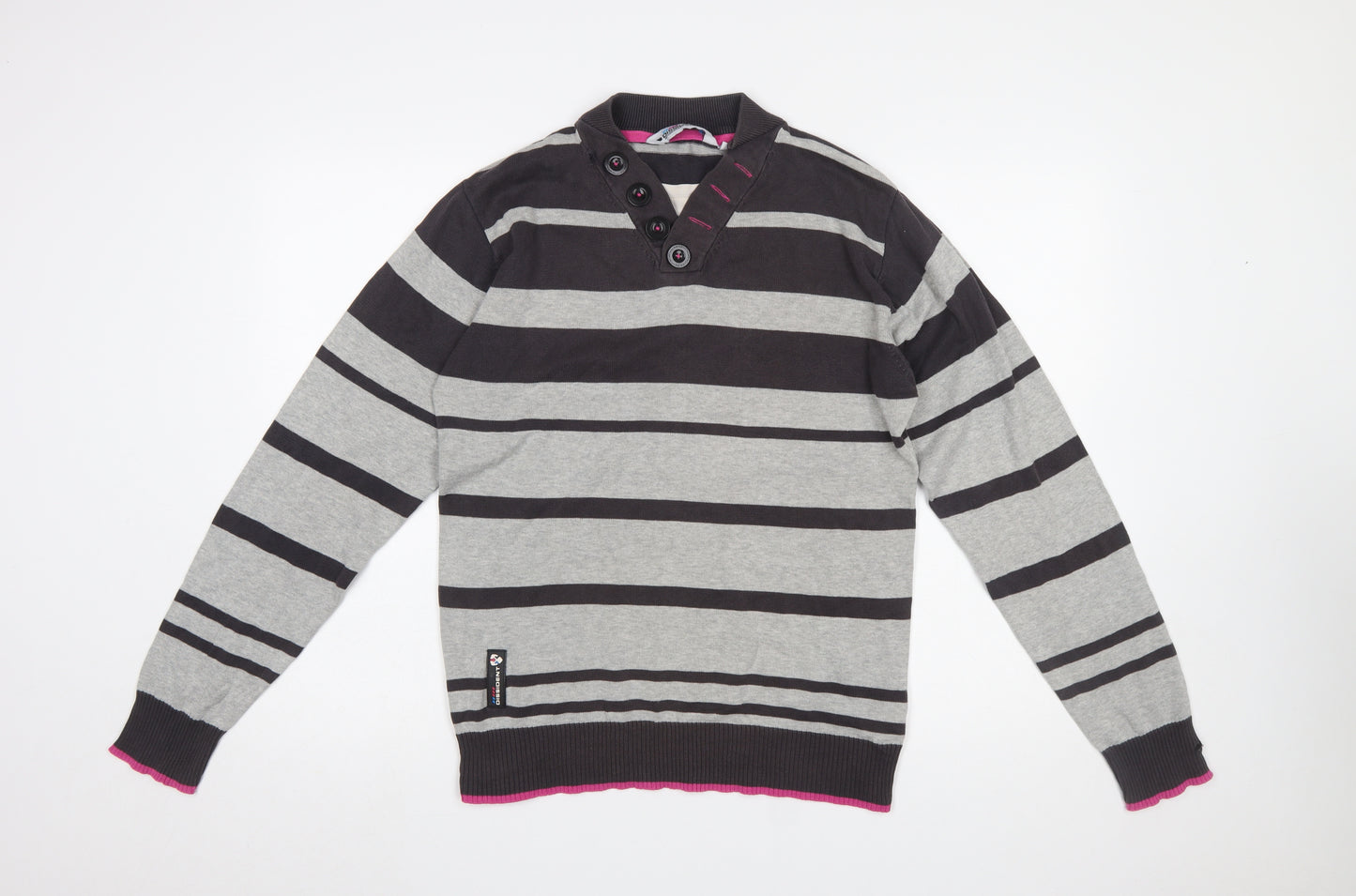 Dissident Men's Grey Striped Henley Jumper Size S Cotton Knit