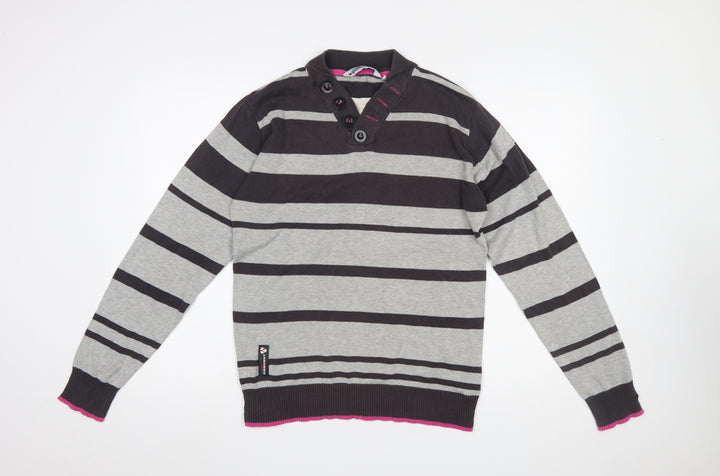 Dissident Men's Grey Striped Henley Jumper Size S Cotton Knit