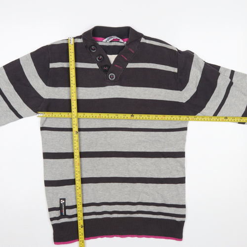 Dissident Men's Grey Striped Henley Jumper Size S Cotton Knit