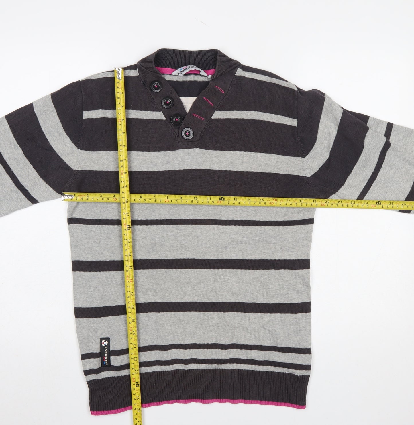 Dissident Men's Grey Striped Henley Jumper Size S Cotton Knit
