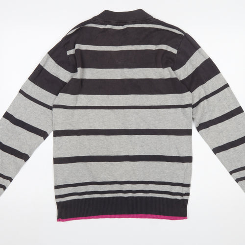 Dissident Men's Grey Striped Henley Jumper Size S Cotton Knit
