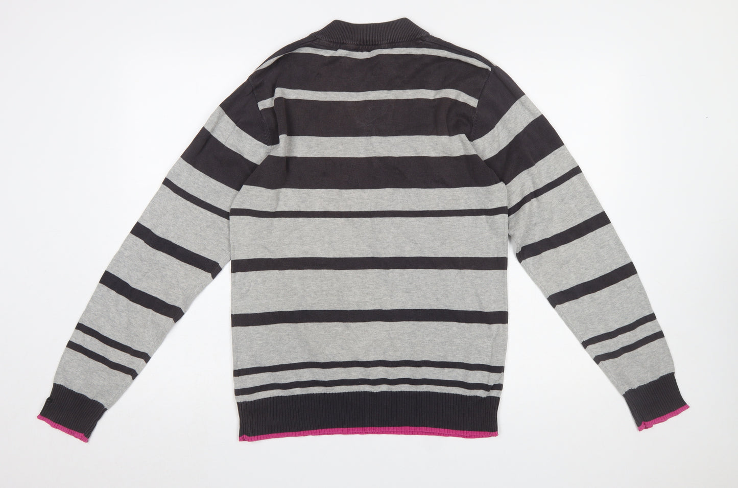 Dissident Men's Grey Striped Henley Jumper Size S Cotton Knit