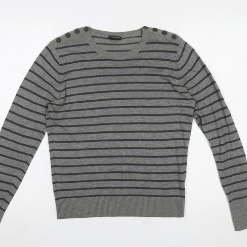 Club Monaco Women Grey Striped Button Shoulder Jumper Size L