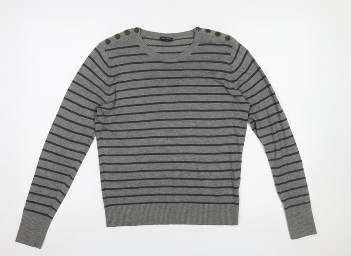Club Monaco Women Grey Striped Button Shoulder Jumper Size L