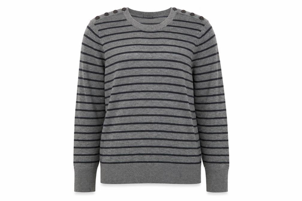 Front view of Club Monaco Women Grey Striped Button Shoulder Jumper, size L