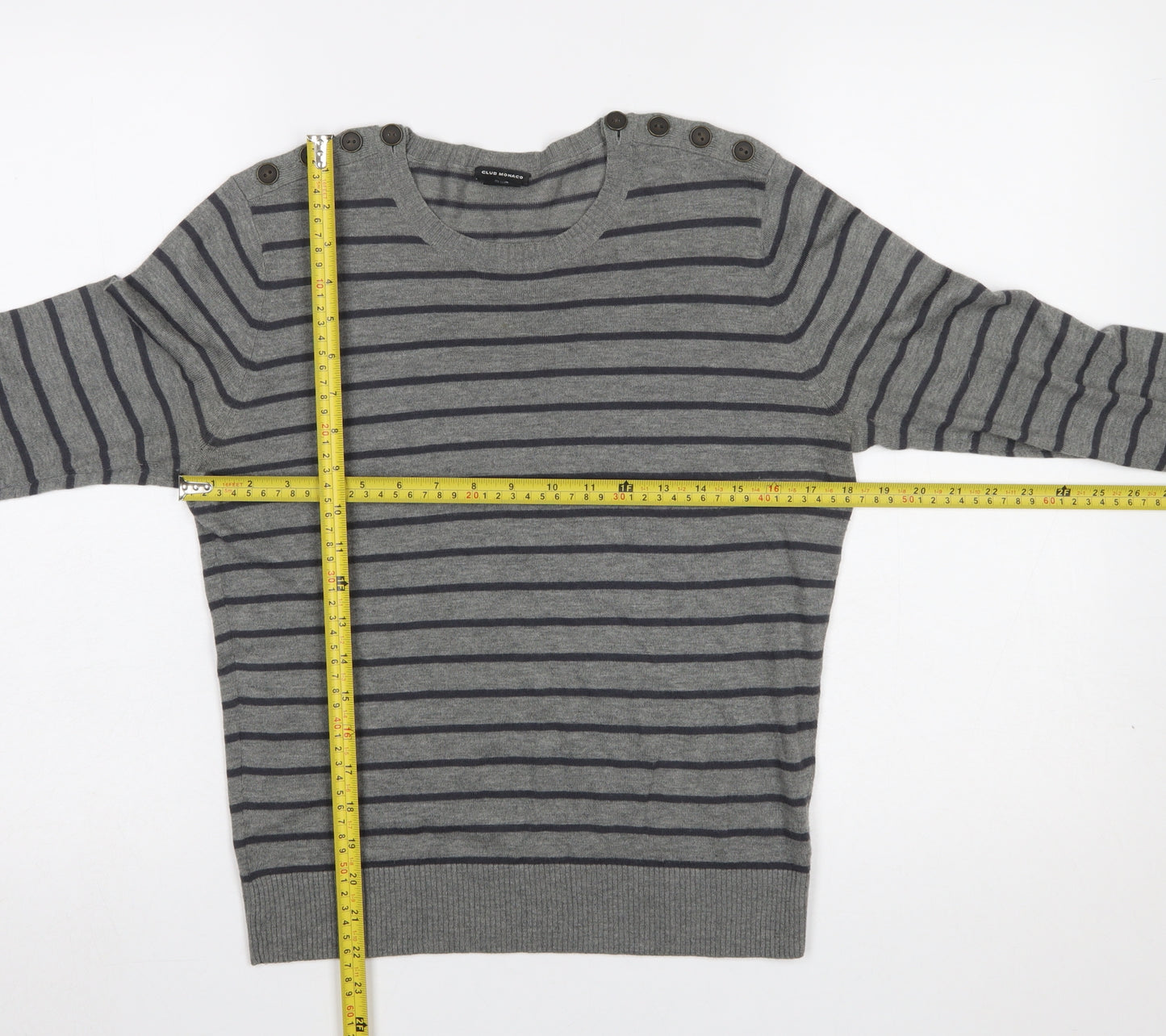 Club Monaco Women Grey Striped Button Shoulder Jumper Size L