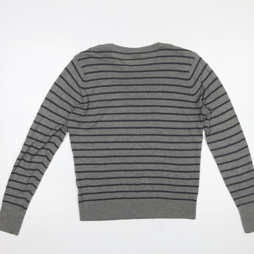 Club Monaco Women Grey Striped Button Shoulder Jumper Size L