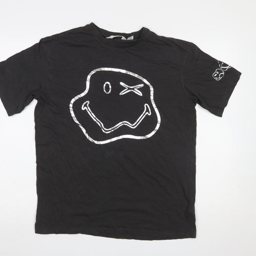 H&M Smiley World Girls Black Graphic T-Shirt 14 Years Cotton Short Sleeve