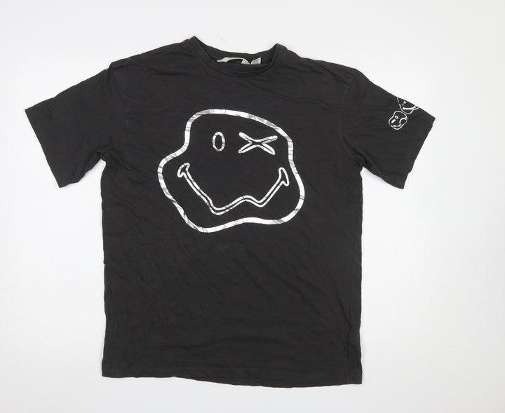 H&M Smiley World Girls Black Graphic T-Shirt 14 Years Cotton Short Sleeve