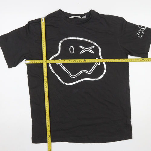 H&M Smiley World Girls Black Graphic T-Shirt 14 Years Cotton Short Sleeve