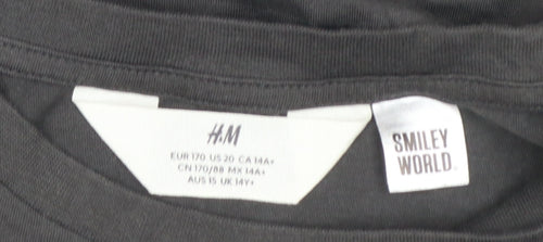 H&M Smiley World Girls Black Graphic T-Shirt 14 Years Cotton Short Sleeve