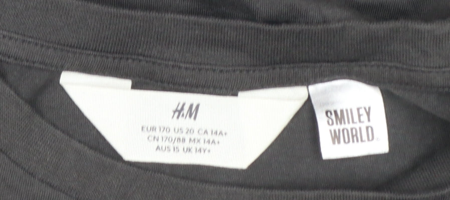 H&M Smiley World Girls Black Graphic T-Shirt 14 Years Cotton Short Sleeve