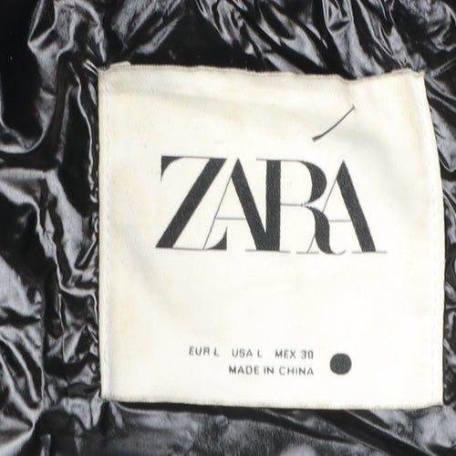Zara Womens Black Hooded Puffer Jacket Size L Quilted Winter Coat