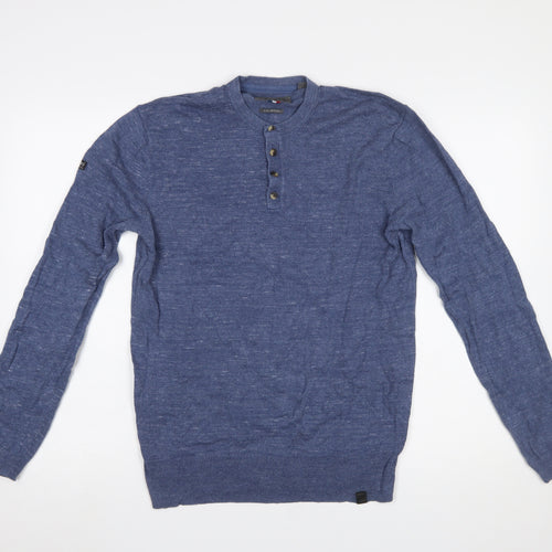Superdry Men Blue Henley Knit Jumper Medium Lightweight Cotton Linen