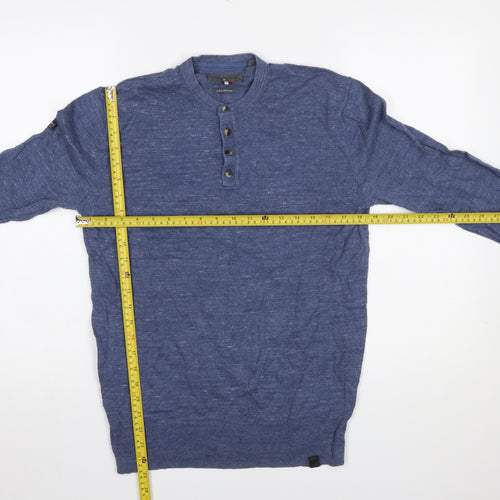 Superdry Men Blue Henley Knit Jumper Medium Lightweight Cotton Linen