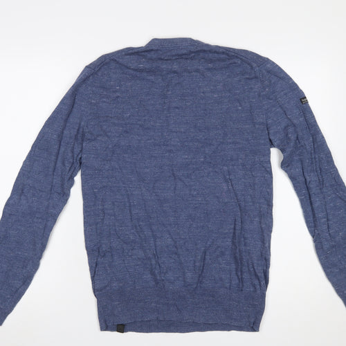Superdry Men Blue Henley Knit Jumper Medium Lightweight Cotton Linen