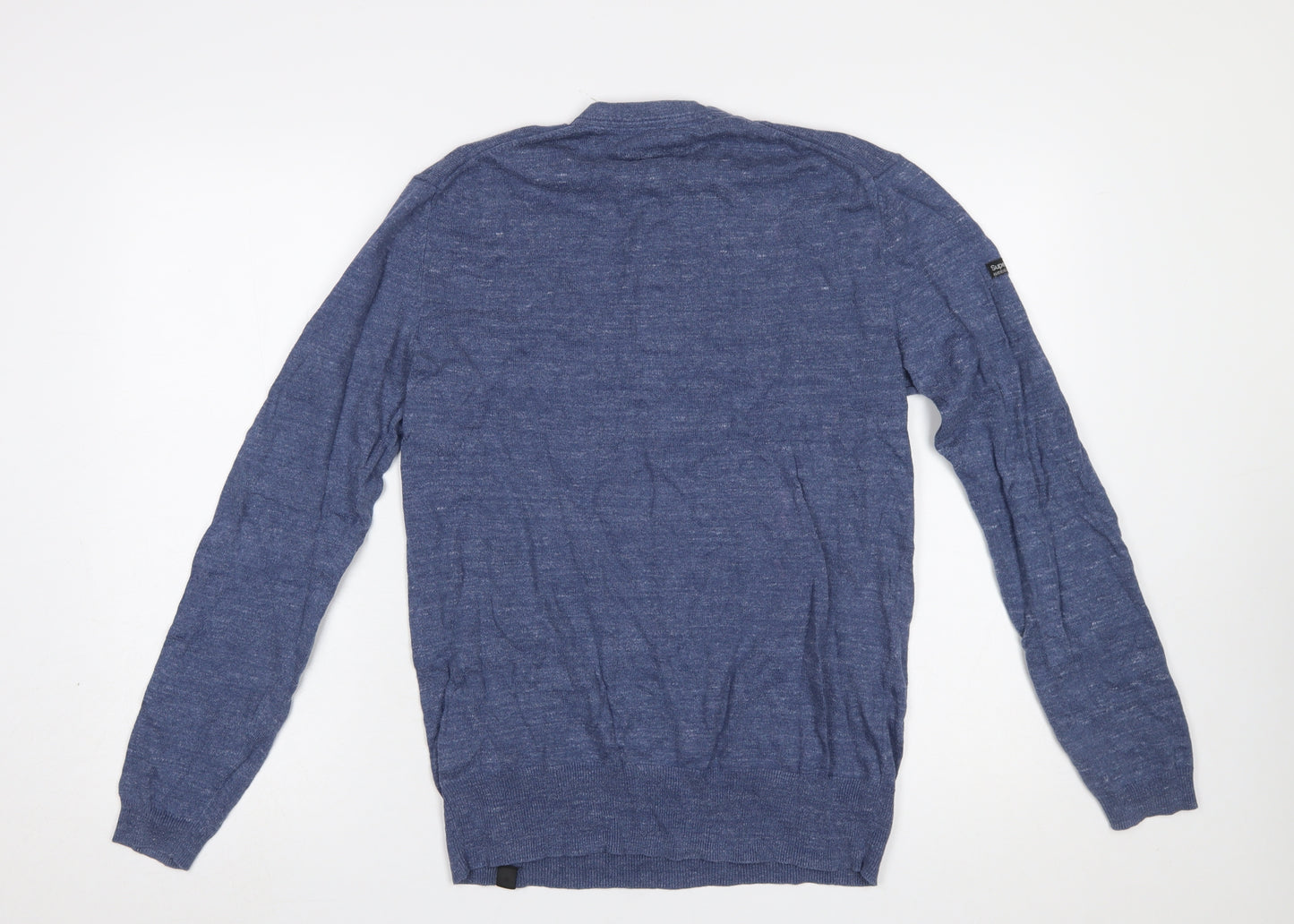 Superdry Men Blue Henley Knit Jumper Medium Lightweight Cotton Linen