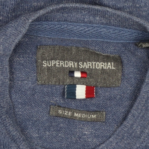 Superdry Men Blue Henley Knit Jumper Medium Lightweight Cotton Linen
