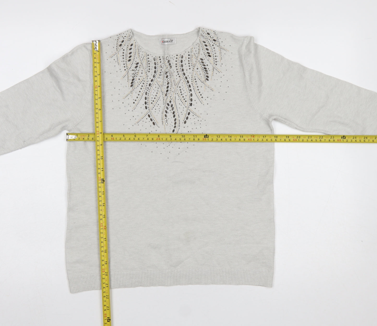 Damart Women’s Grey Rhinestone Crew Neck Long Sleeve Pullover Jumper Size 10/12