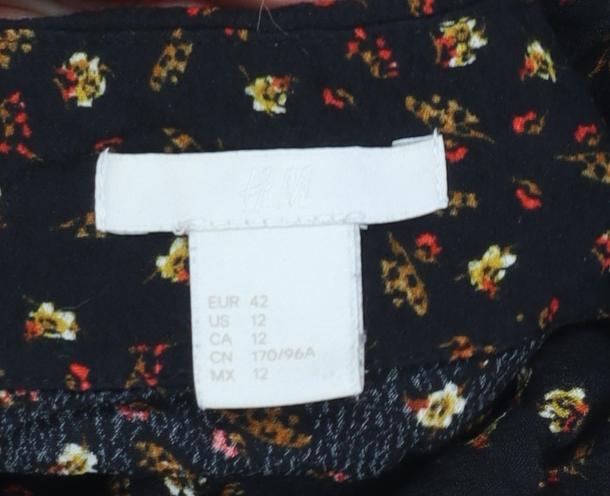 H&M Women’s Black Floral 3/4 Sleeve Viscose Tunic Blouse Size 14