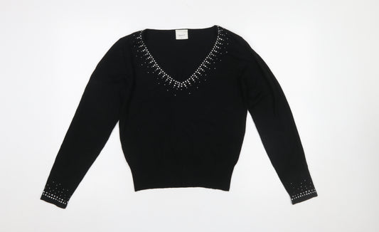 Next Women's Black V-Neck Jumper UK 12 Rhinestone Detail Long Sleeve