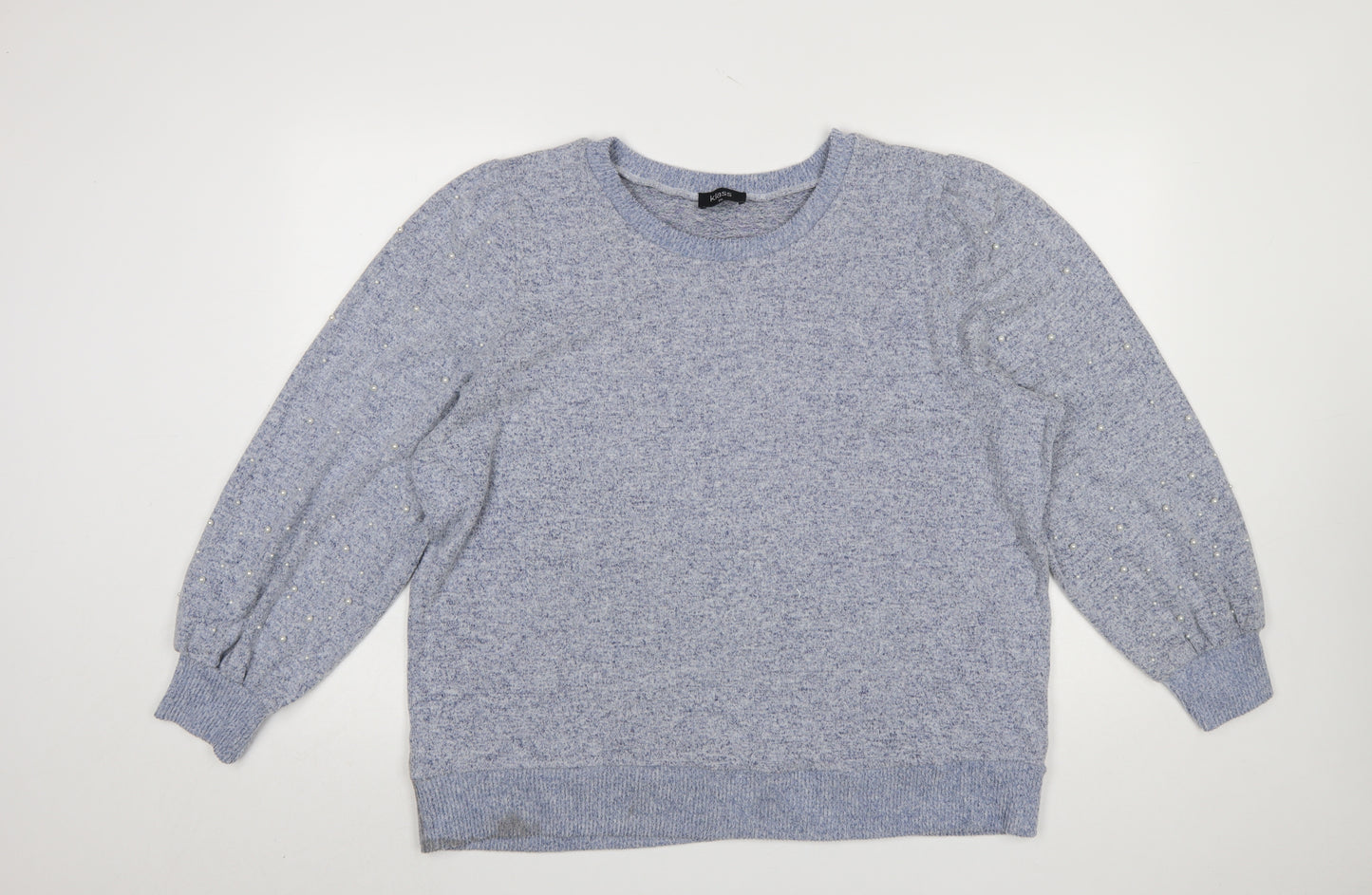 Klass Womens Blue Beaded Puff Sleeve Crew Neck Pullover Jumper 2XL