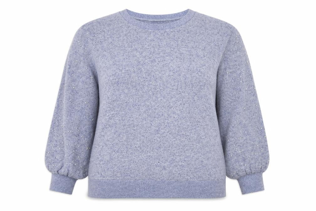 Front view of Klass women’s blue beaded puff sleeve crew neck jumper 2xl