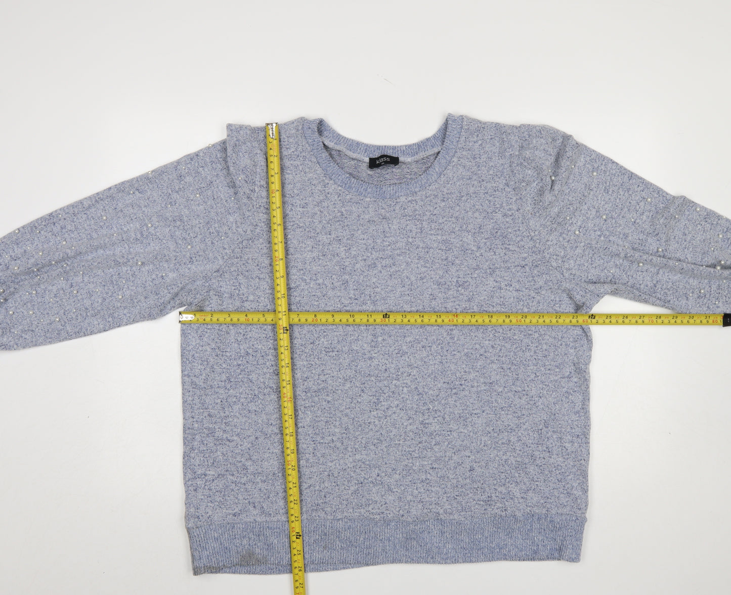 Klass Womens Blue Beaded Puff Sleeve Crew Neck Pullover Jumper 2XL