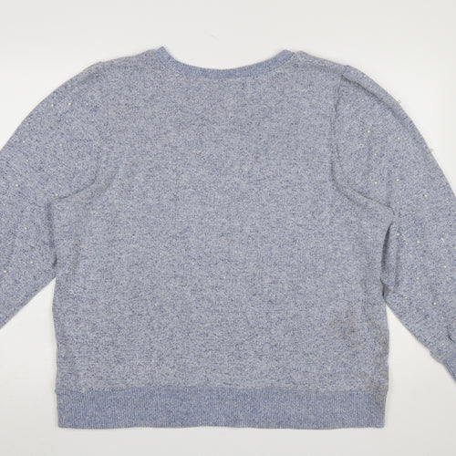 Klass Womens Blue Beaded Puff Sleeve Crew Neck Pullover Jumper 2XL