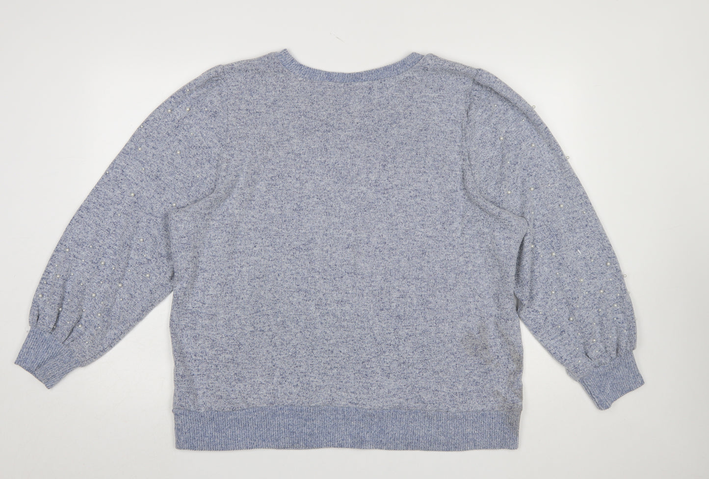 Klass Womens Blue Beaded Puff Sleeve Crew Neck Pullover Jumper 2XL