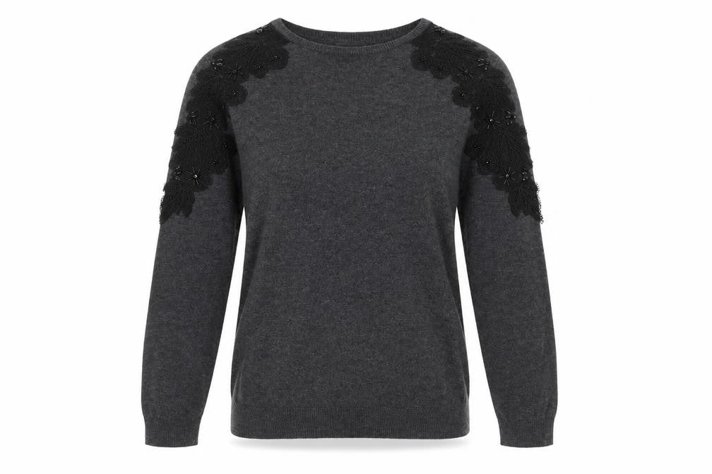 Front view of Warehouse Women's Grey Beaded Shoulder Knit Jumper, size 10