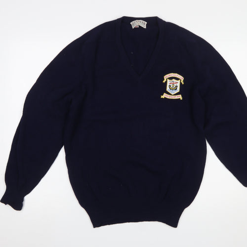 Glenmoor Men’s Navy Blue Wool Golf Pullover Jumper M V-Neck Embroidered