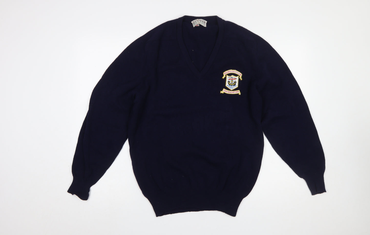 Glenmoor Men’s Navy Blue Wool Golf Pullover Jumper M V-Neck Embroidered